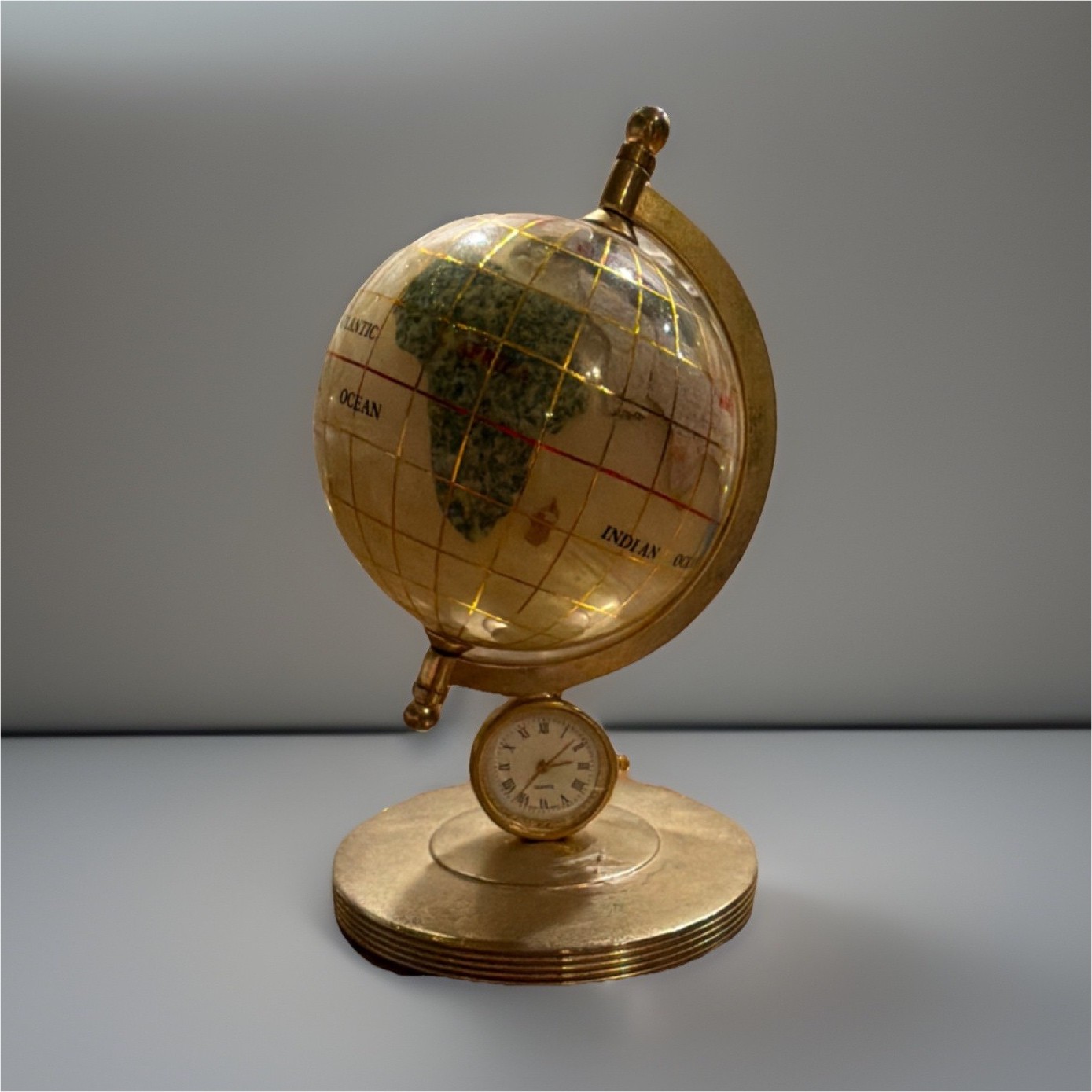 Small Rotating Tabletop World Globe w/ Built-In Clock, Gold Metal Base