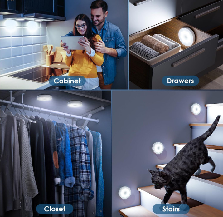 Pack 4 Luces LED Puck con Sensor Movimiento Recargables Control Remoto USB