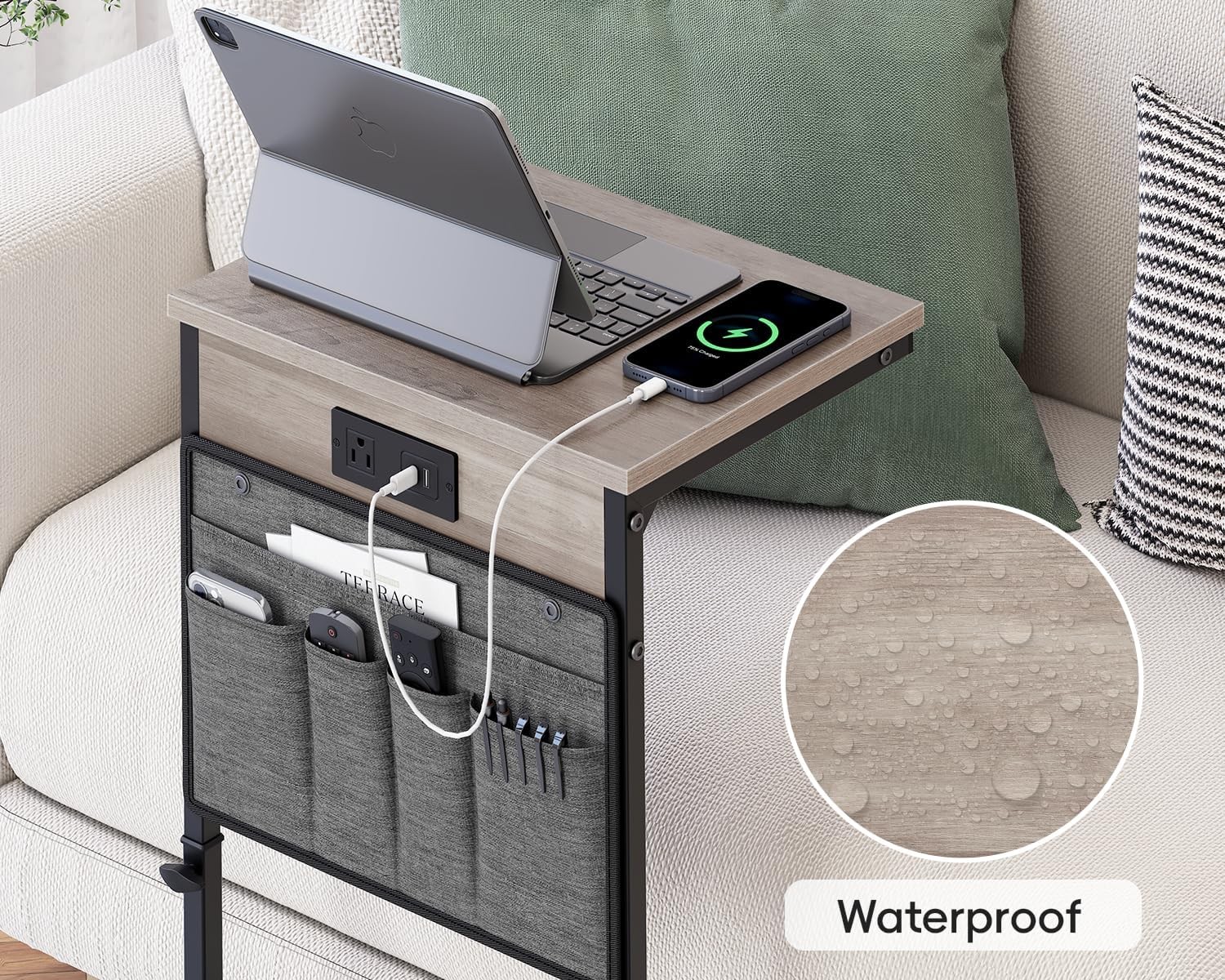 C Shaped End Table W/ Charging Station 33"Tall C Table End Table Adjustable