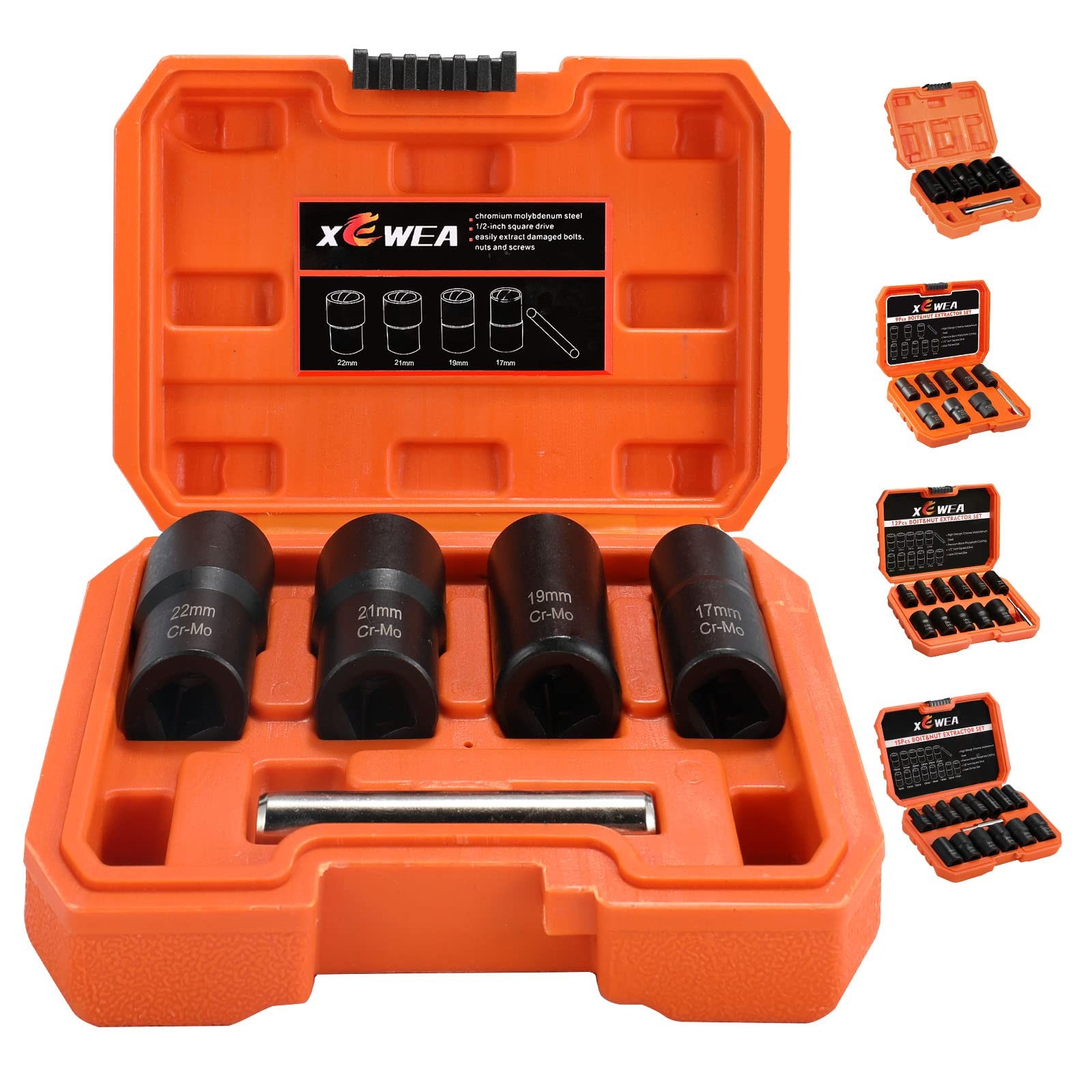 XEWEA Bolt Nut Extractor Set, 5PCS 1/2 Drive Easy One Size, 5pcs 1/2"