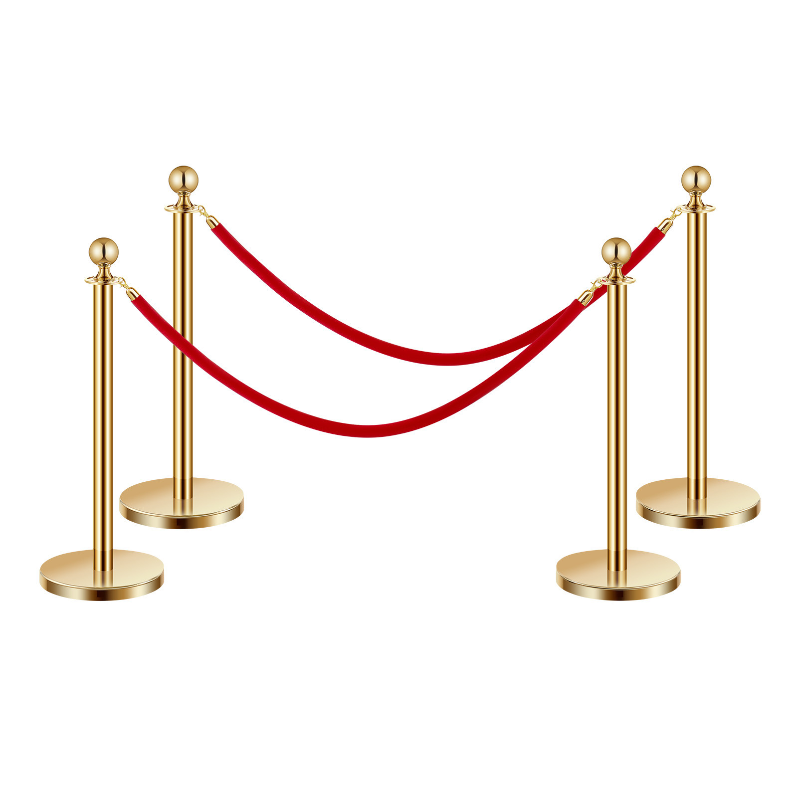 4 Pcs Gold Stanchion Post 2 Red Velvet Ropes Sand Injection Hollow Base