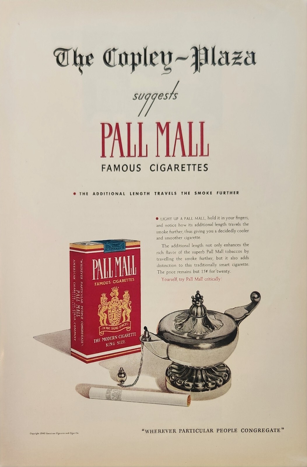 1940 Pall Mall cigarettes Vintage Ad The copley plaza light up