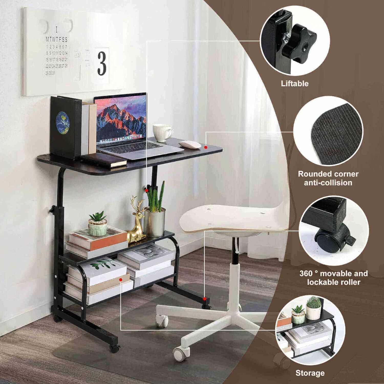 Adjustable Height Mobile Computer Desk Rolling Desk w/Wheels Home Office Desk US