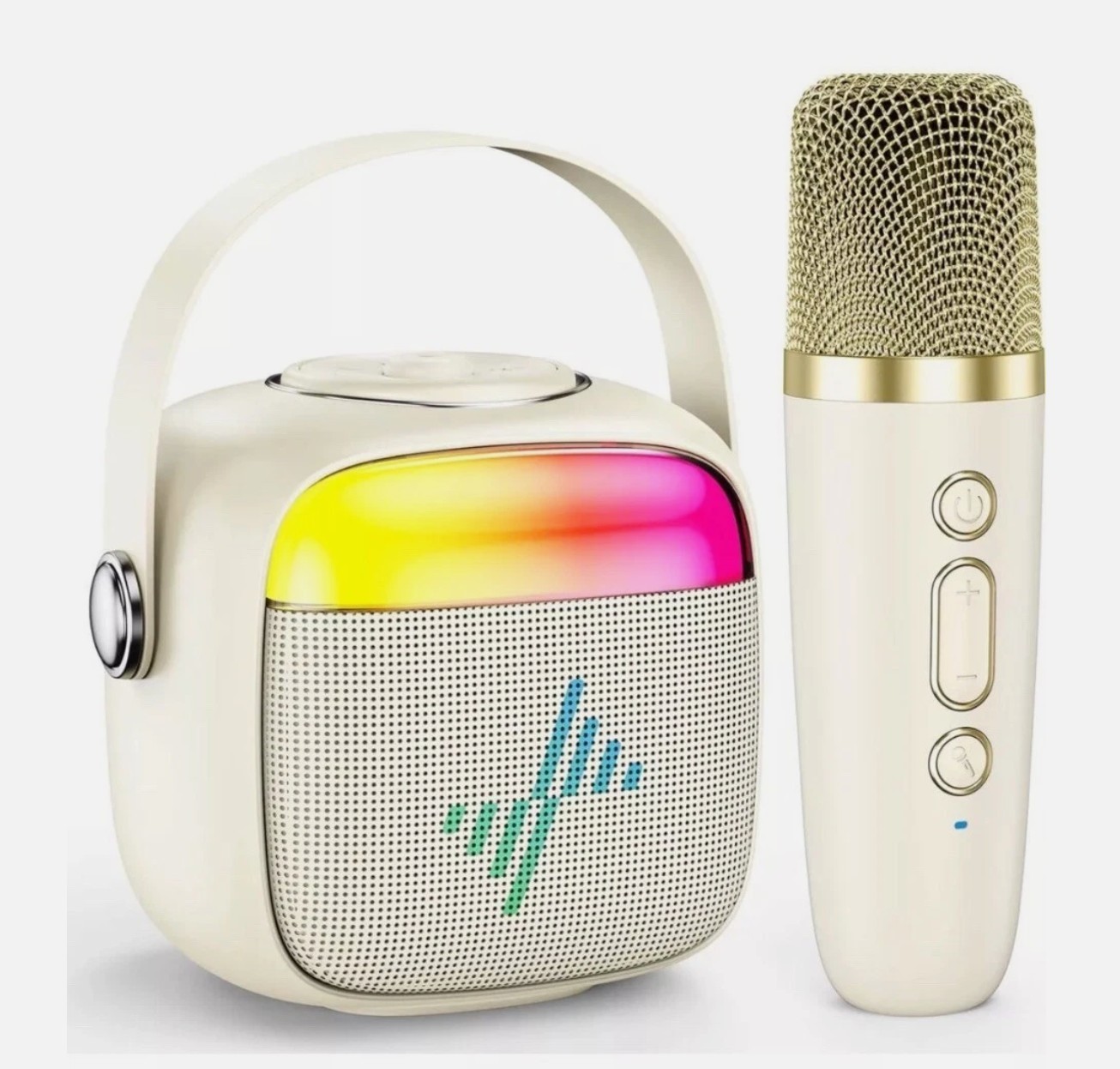 Mini Karaoke Machine Bluetooth Spkr-2 Mics, Light-Up, Voice Effects- Cream Color