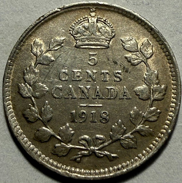 CANADA  George V - Silver 5 Cents - 1918 - Km-22 - Minor Obverse Scratches! #2