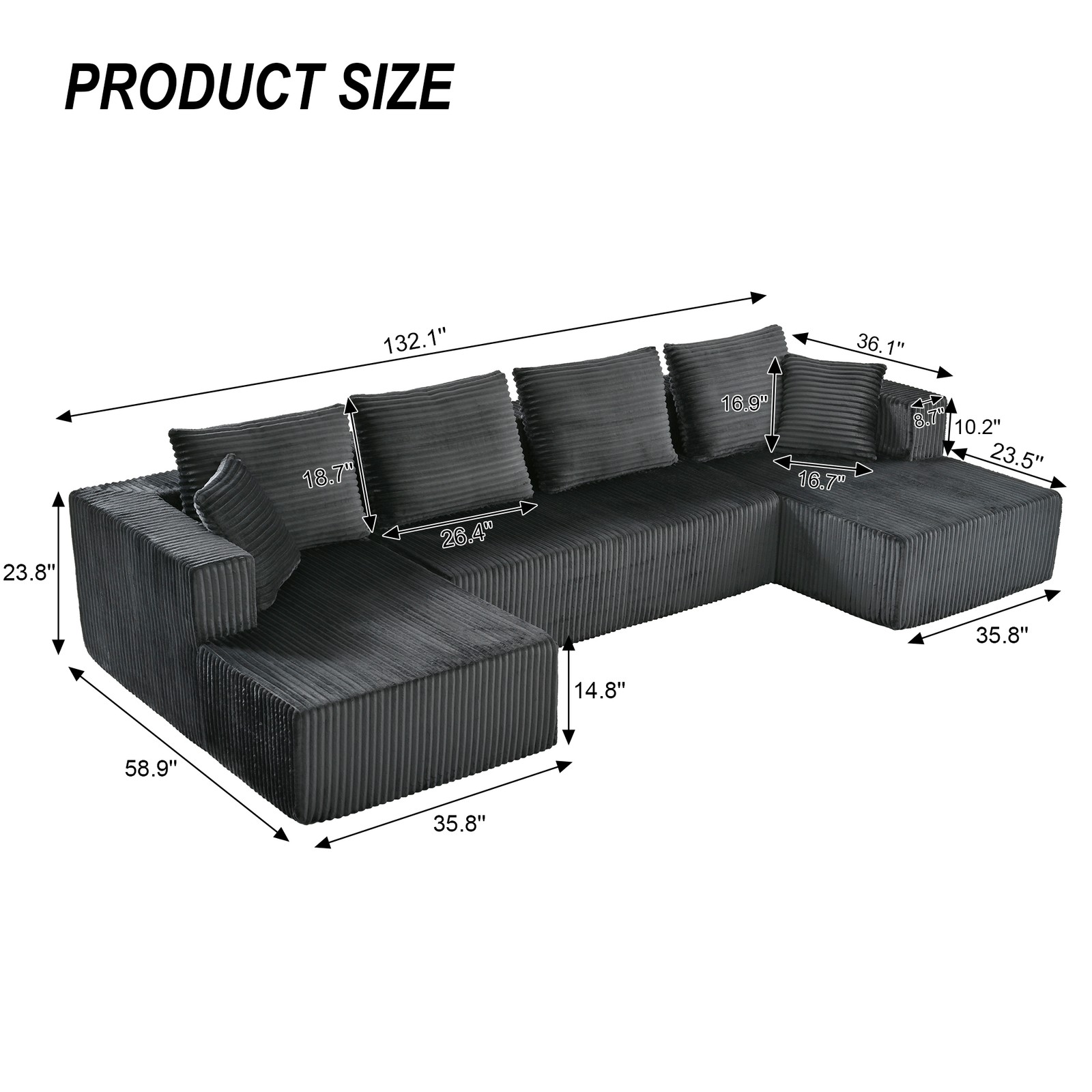 U-Shaped Modular Sectional Sofa, Gray Corduroy, Double Chaise, Deep Seat