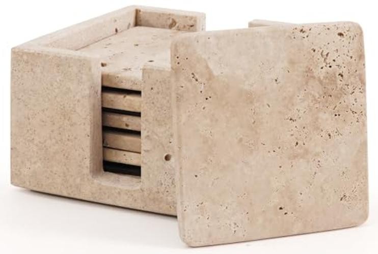 Marble Coasters Set of 6 Square 3.5 Inch Travertine Coasters With Holder