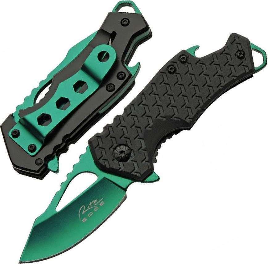 Pocket Knife | 2.25in Green Blade Spring-Assist Black Handle Bottle Opener EDC