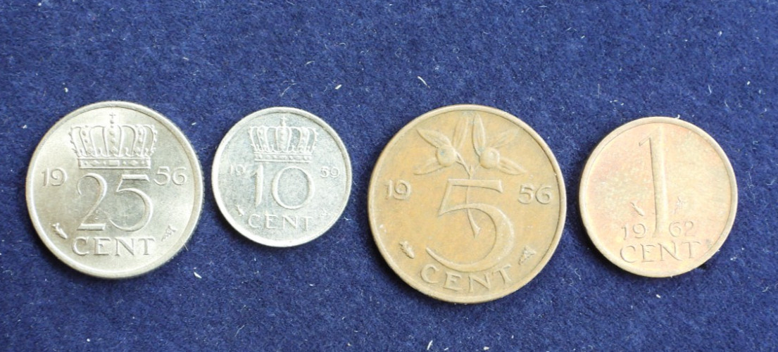 LOT of 4 1952 - 1959 Netherlands 1 5 10 25 Cent Coins KM 180 181 182 183