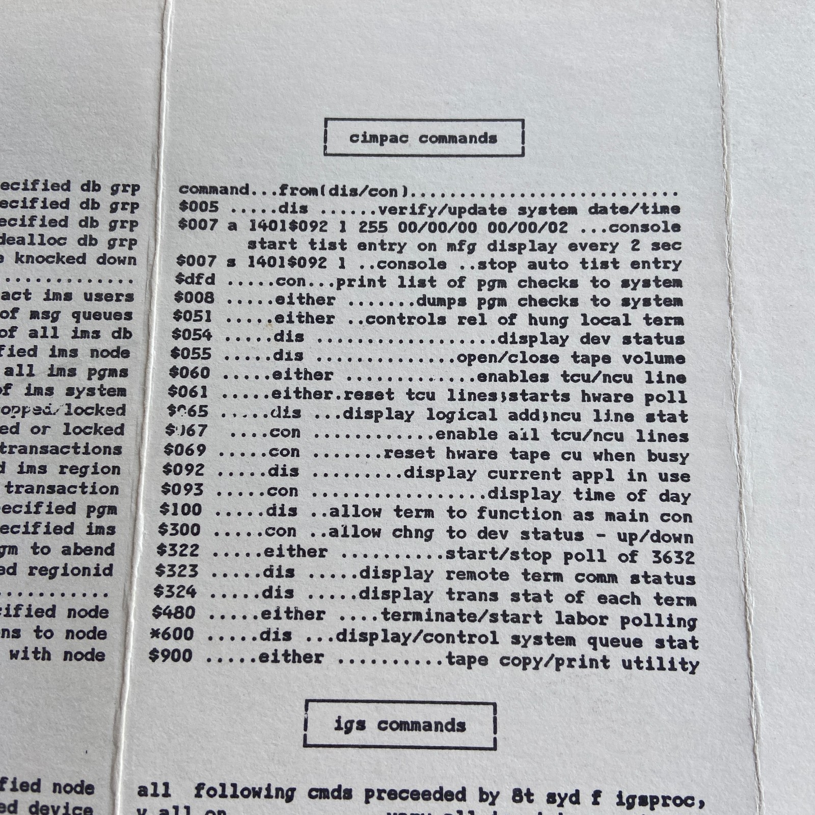 Vintage IBM Internal Use Only STD/IS Quick Reference Guide Commands IMS CIMPAC I