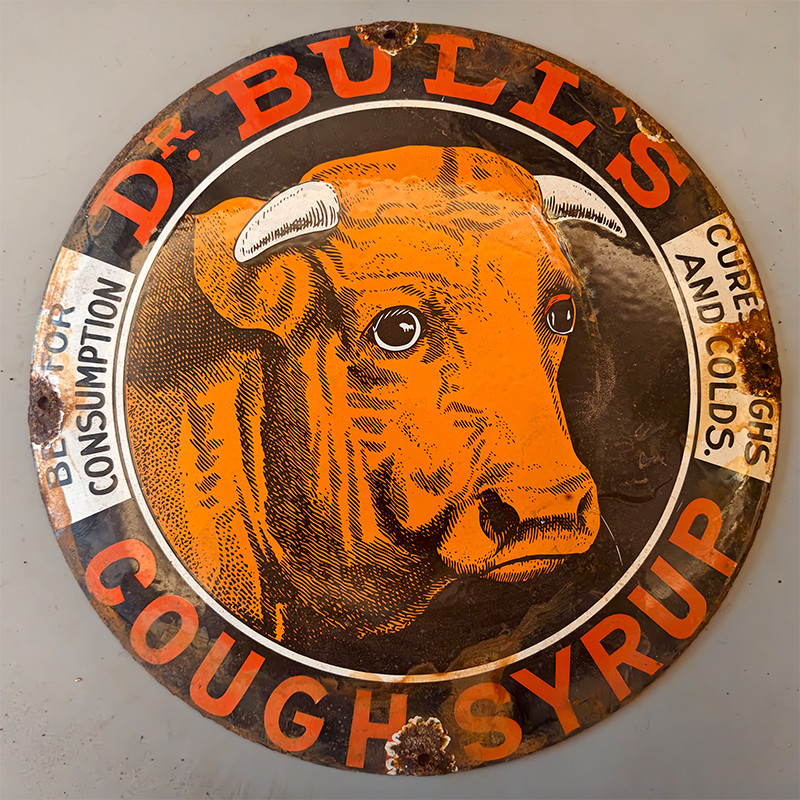 ANTIQUE DR. BULL'S COUGH SYRUP ROUND PORCELAIN SIGN WORN QUACK MEDICINE 12inch