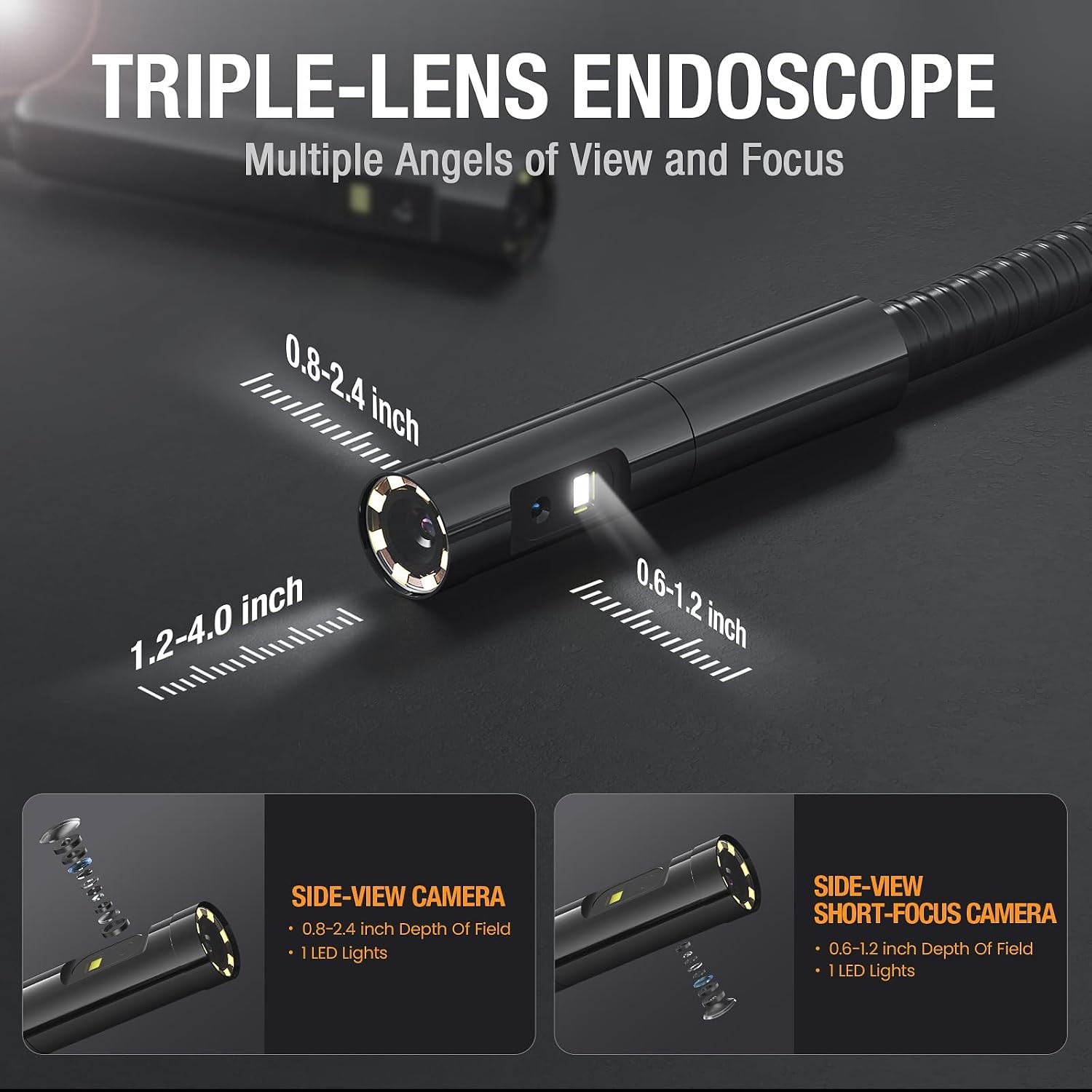 10FT Triple Lens Borescope Inspection Camera with Light, 5" IPS Screen