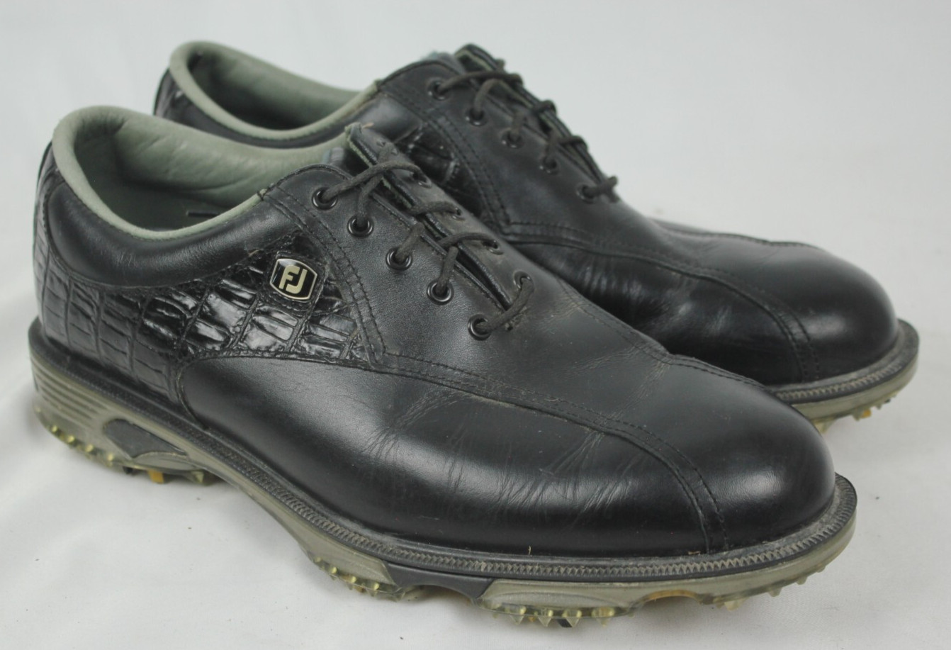 FOOTJOY DRYJOYS TOUR BLACK LEATHER WATERPROOF SPIKED GOLF SHOES SIZE 8.5 US VGC!