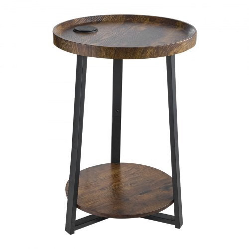 End Table, 2-Tier Round Side Table with Open Storage Shelves, Modern Nightstand