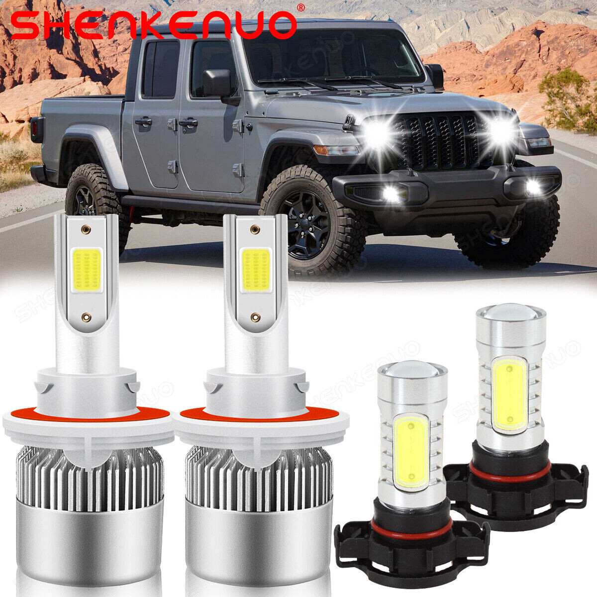 For Jeep Wrangler 2010-2020 White LED Headlight High/Low Beam + Fog Light Bulbs