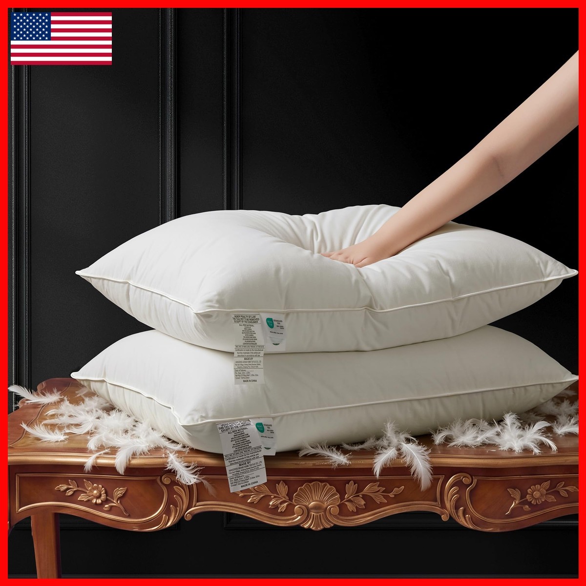 ALPSWAN Goose Down Feather Pillows Set 2, Soft 600T Cotton Cover, Standard Size