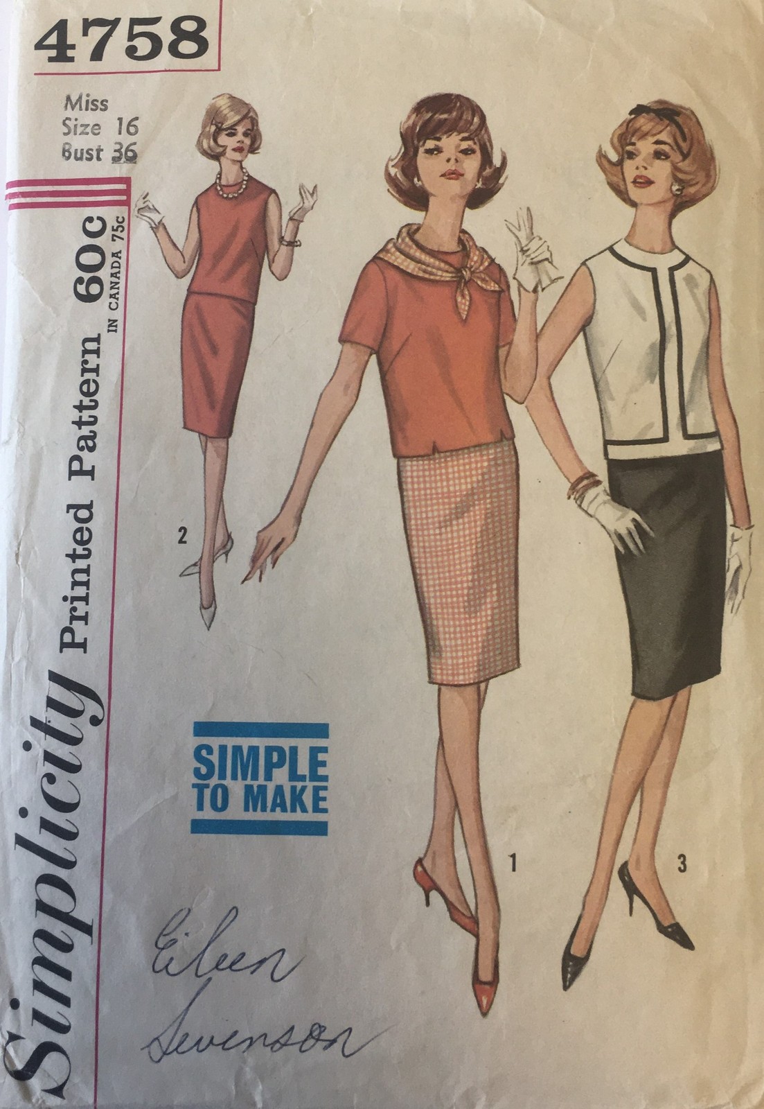 Vintage 1960s Simplicity Sewing Pattern 4758 sz 16/36, Skirt, Blouse, Scarf
