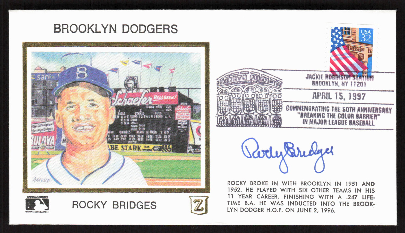 Rocky Bridges Autograph / Signed Z Silk Cachet / Envelope Brooklyn Dodgers