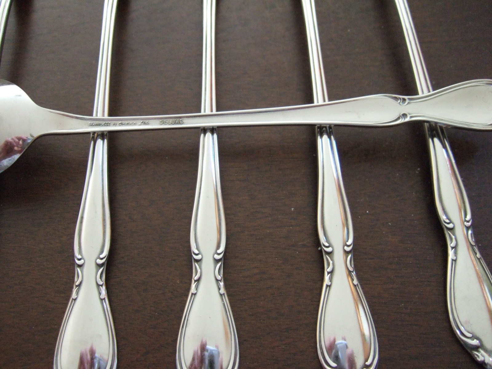 HTF 6 ICED TEA SPOONS REED & BARTON STAINLESS FLATWARE CAMELOT PATTERN
