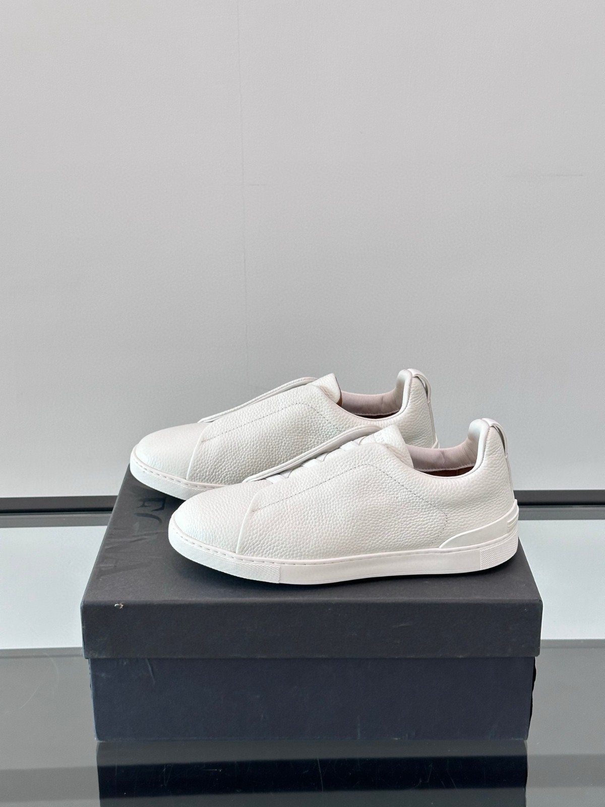 ZEGNA Triple Stitch White Grained Leather Sneakers Full Sizes