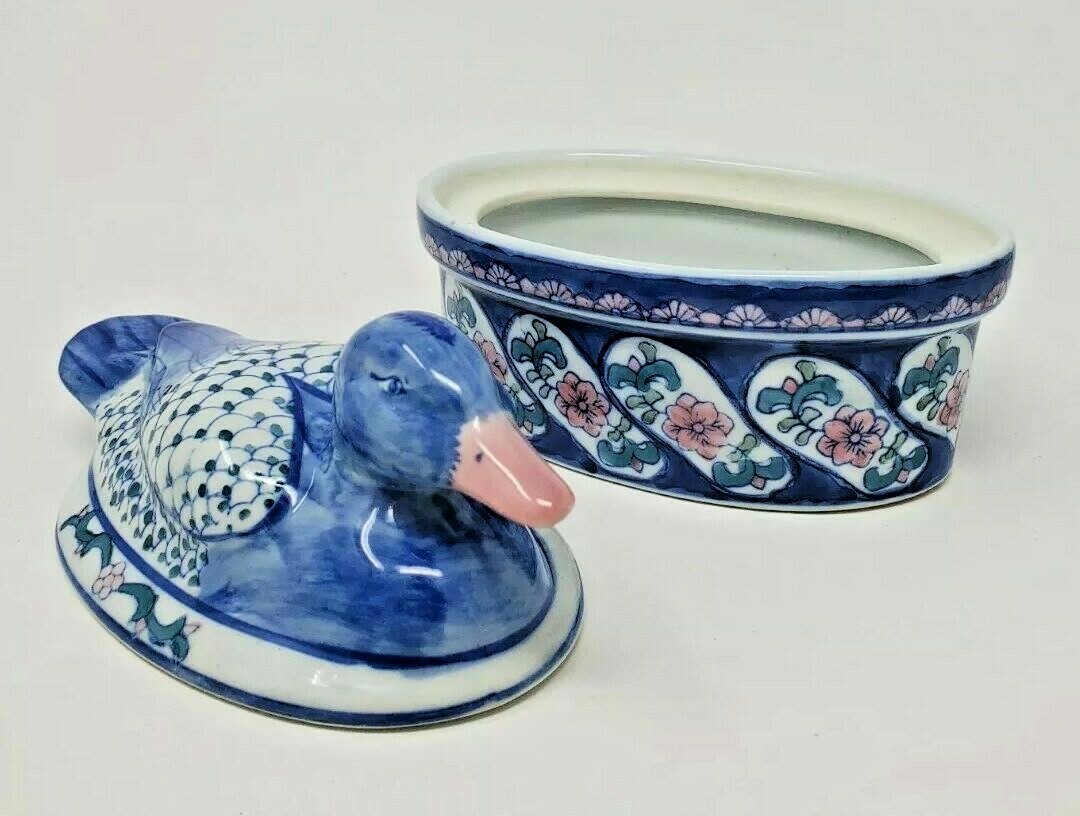 Oriental Oval Floral Duck Porcelain Treasure/Trinket Box - Blue Brocade - New