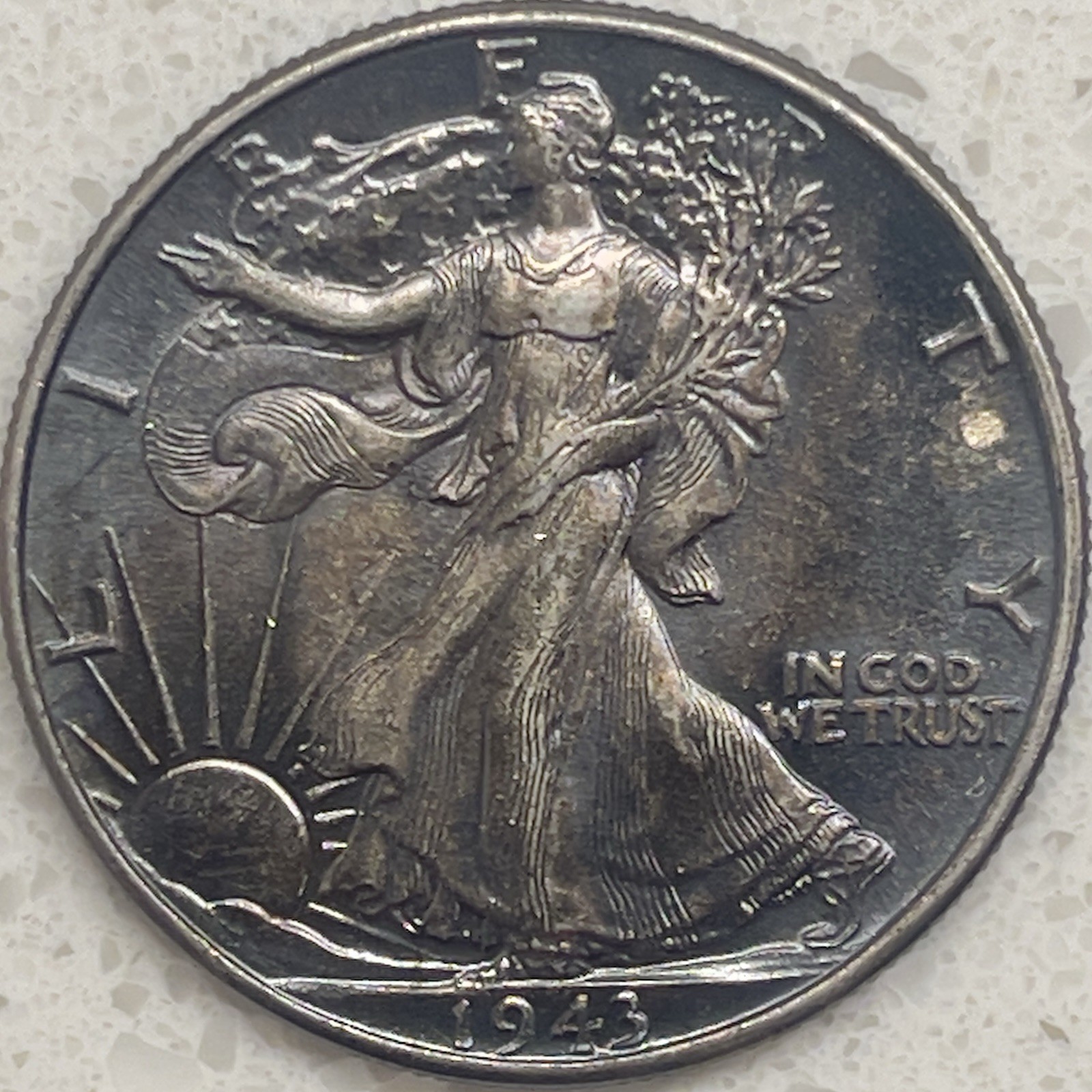1943-P Walking Liberty Silver Half Dollar 50c Gem BU Blueberry Tone