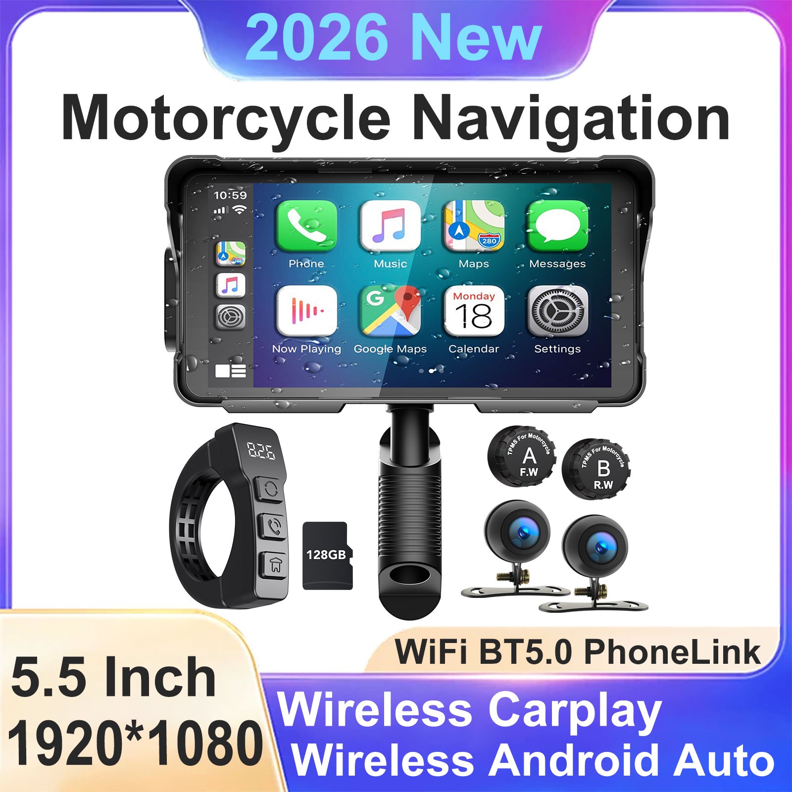 Motorcycle Carplay GPS Navi 5.5" Wireless Android Auto Dash Cam TPMS Waterproof