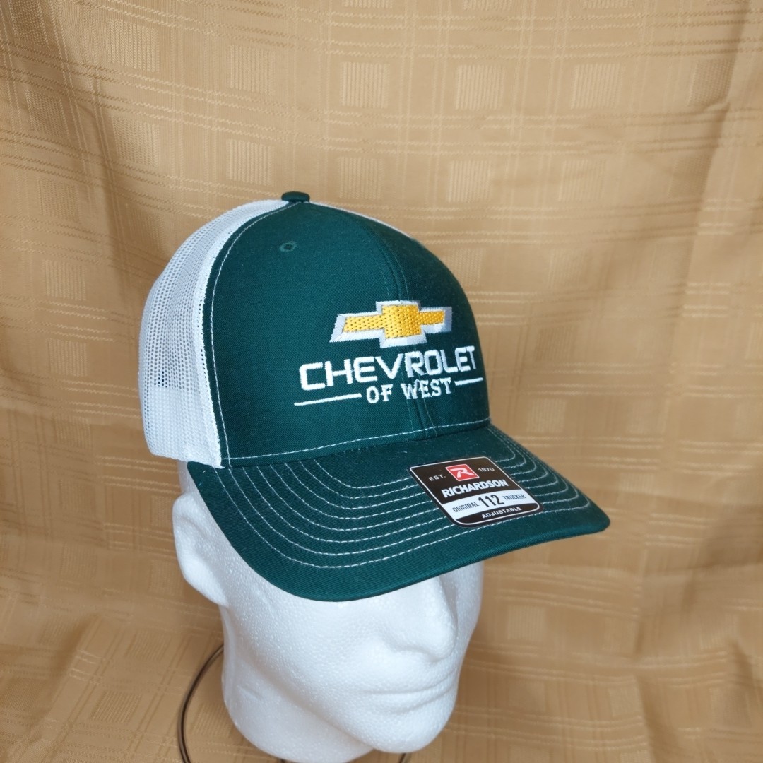 Chevrolet of West Car Dealership Green and White Snap Back Trucker Ball Cap