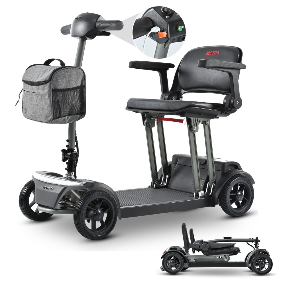 New MetroMobility AIR TRAVELLER Lightweight 42LBS Foldable 4Wheel Scooter Grey