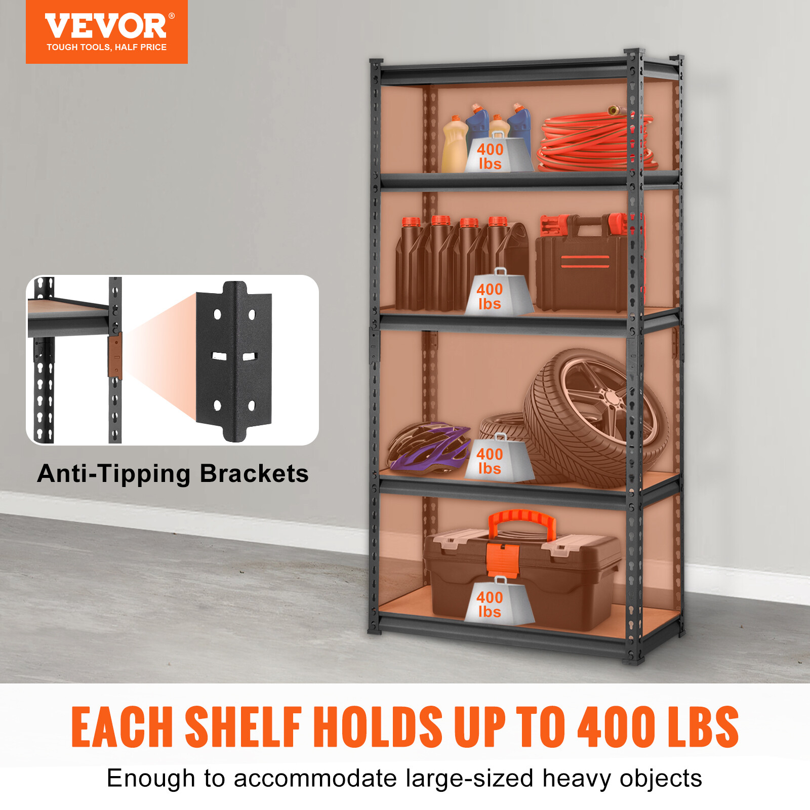 VEVOR 12"D x 30"W x 60"H 5 Shelf Steel Shelving Rack Garage Storage 2000lbs Load