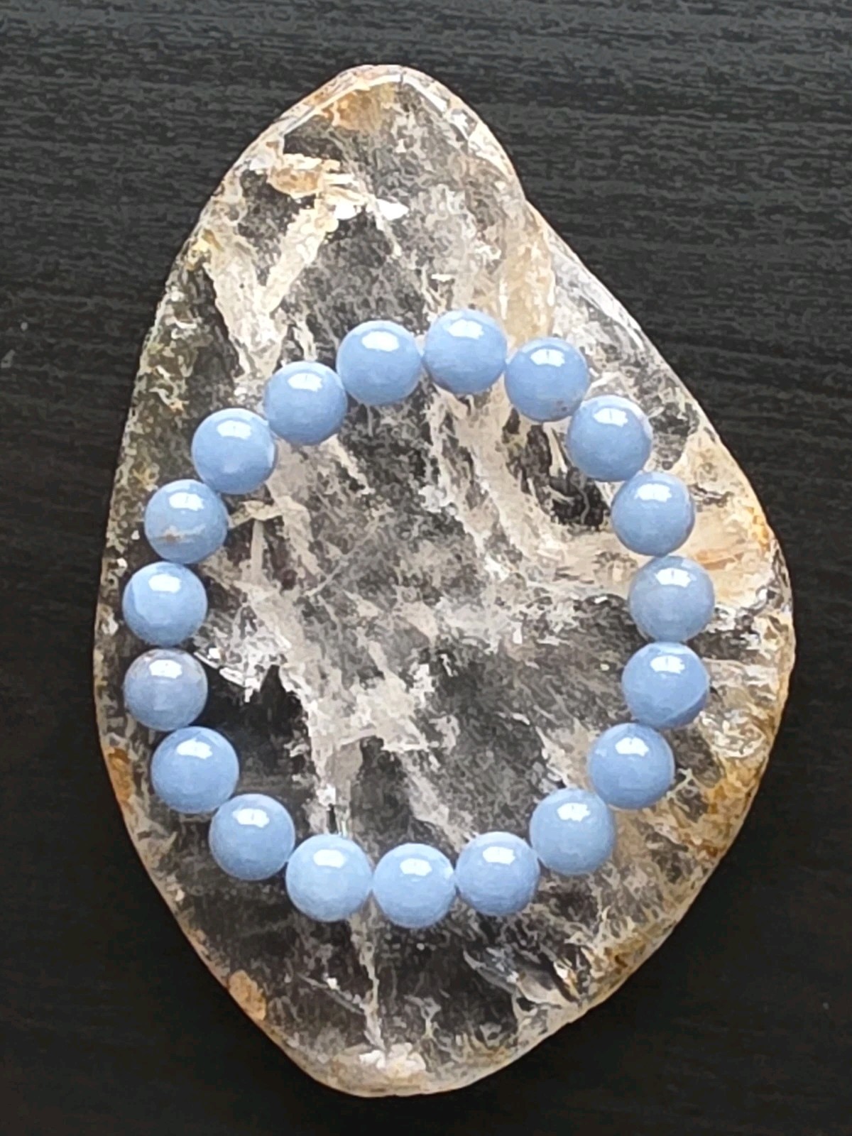 10mm Blue Angelite Crystal Beaded Bracelet - 7" Stretchy