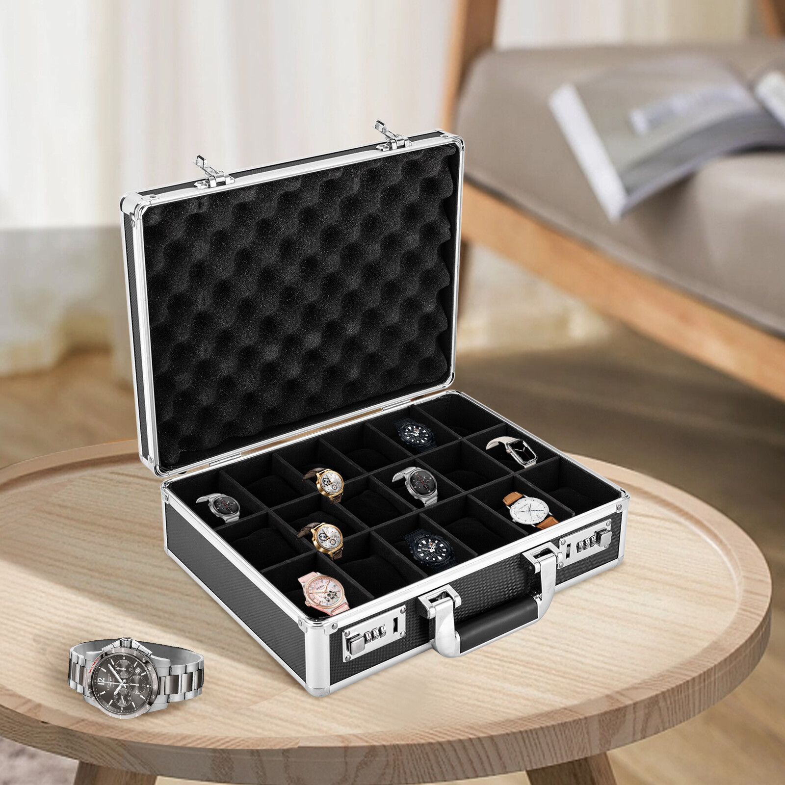 18 Slots Locking Display Briefcase Watches Collectors Display Storage Watch Box