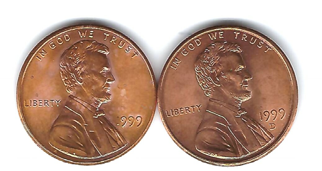 1999 P & D Brilliant Uncirculated Two Lincoln cent coins!
