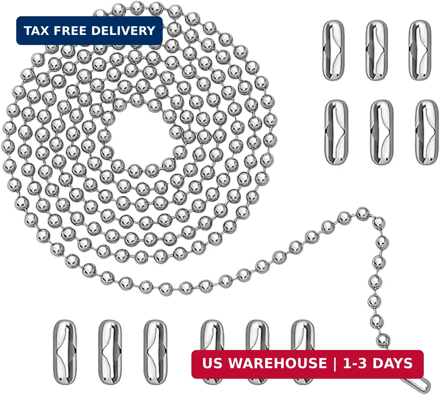 120" Ceiling Fan Pull Chain Extender - Stainless Steel Ball Chain with 12 Connec