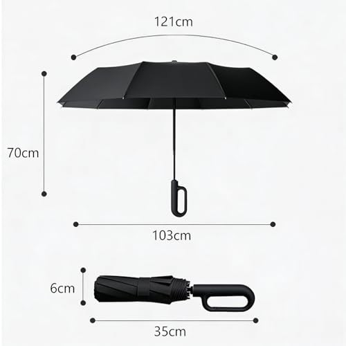 Windproof Umbrella, Compact Reverse Folding with Carabiner Handle, UV & Black