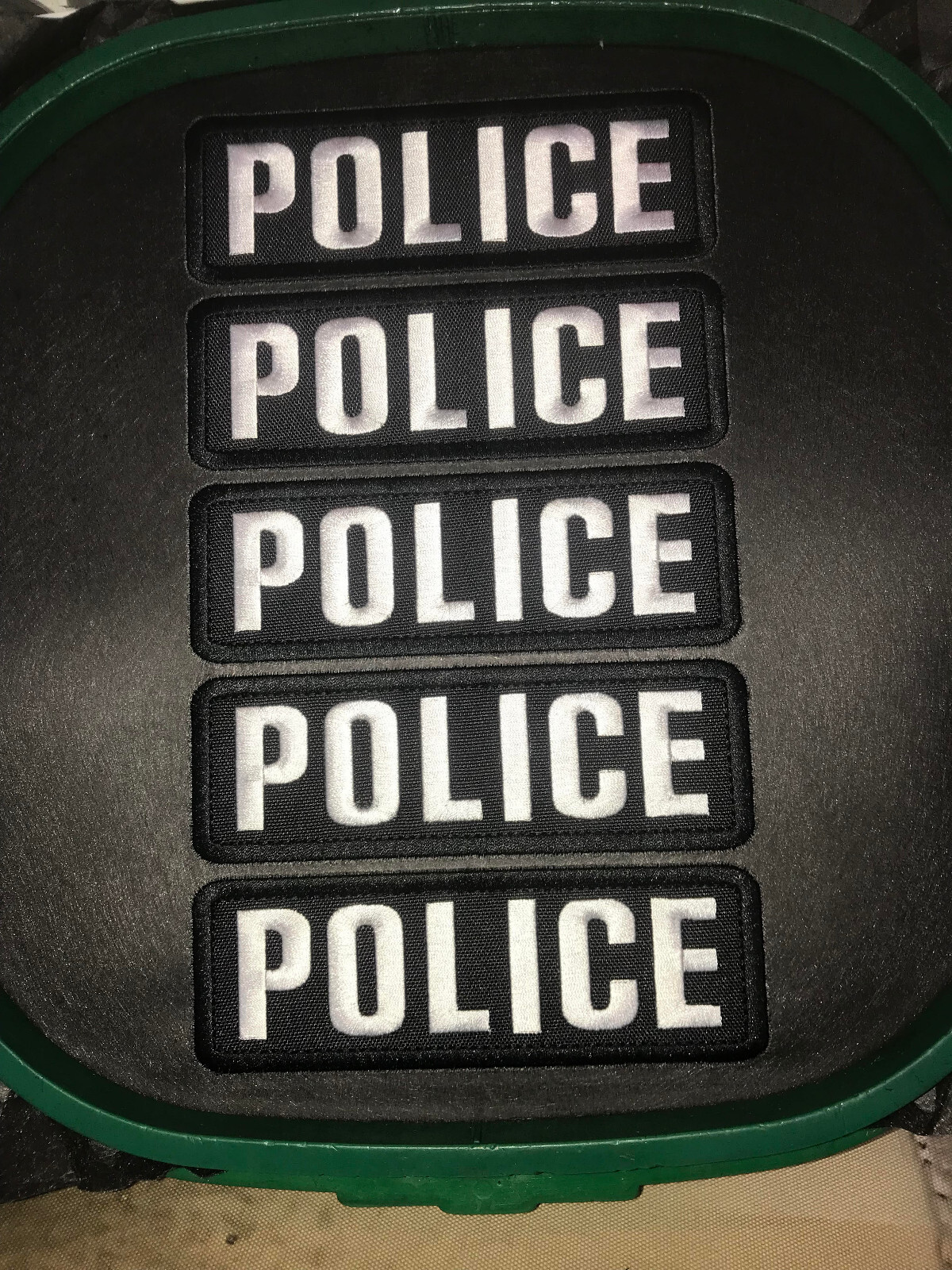 POLICE 5 EMBROIDERY PATCHES SET 6X2'' HOOK ON BACK WHITE ON BLACK