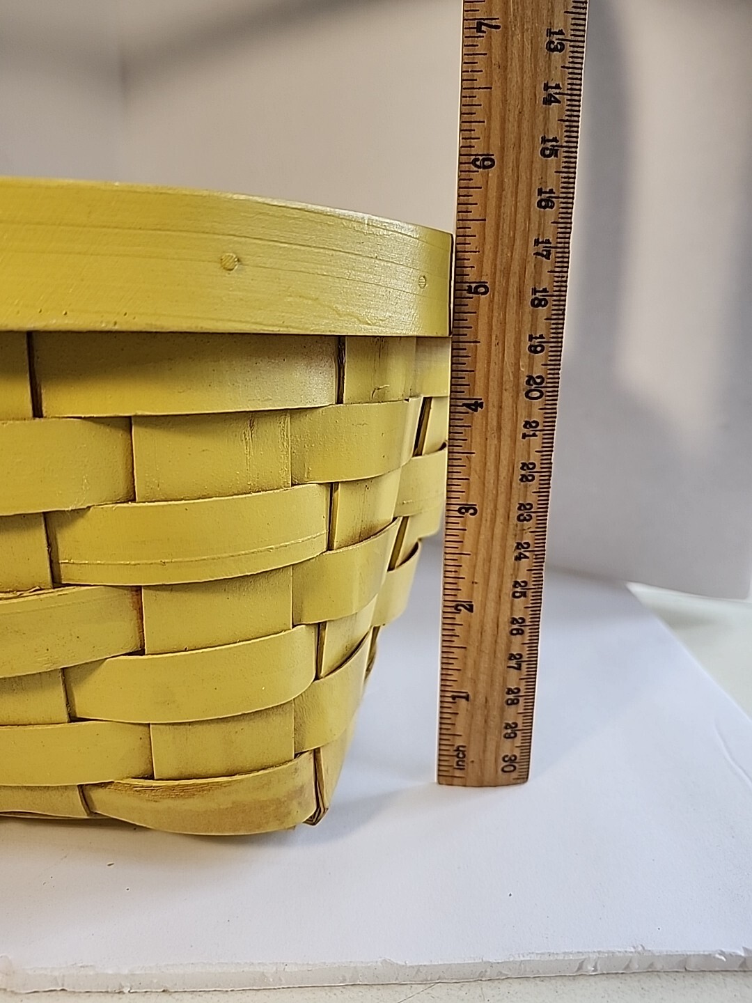 Vtg YELLOW Wood Market Basket & Handle 13 x10.25” Sturdy Gathering Garden -