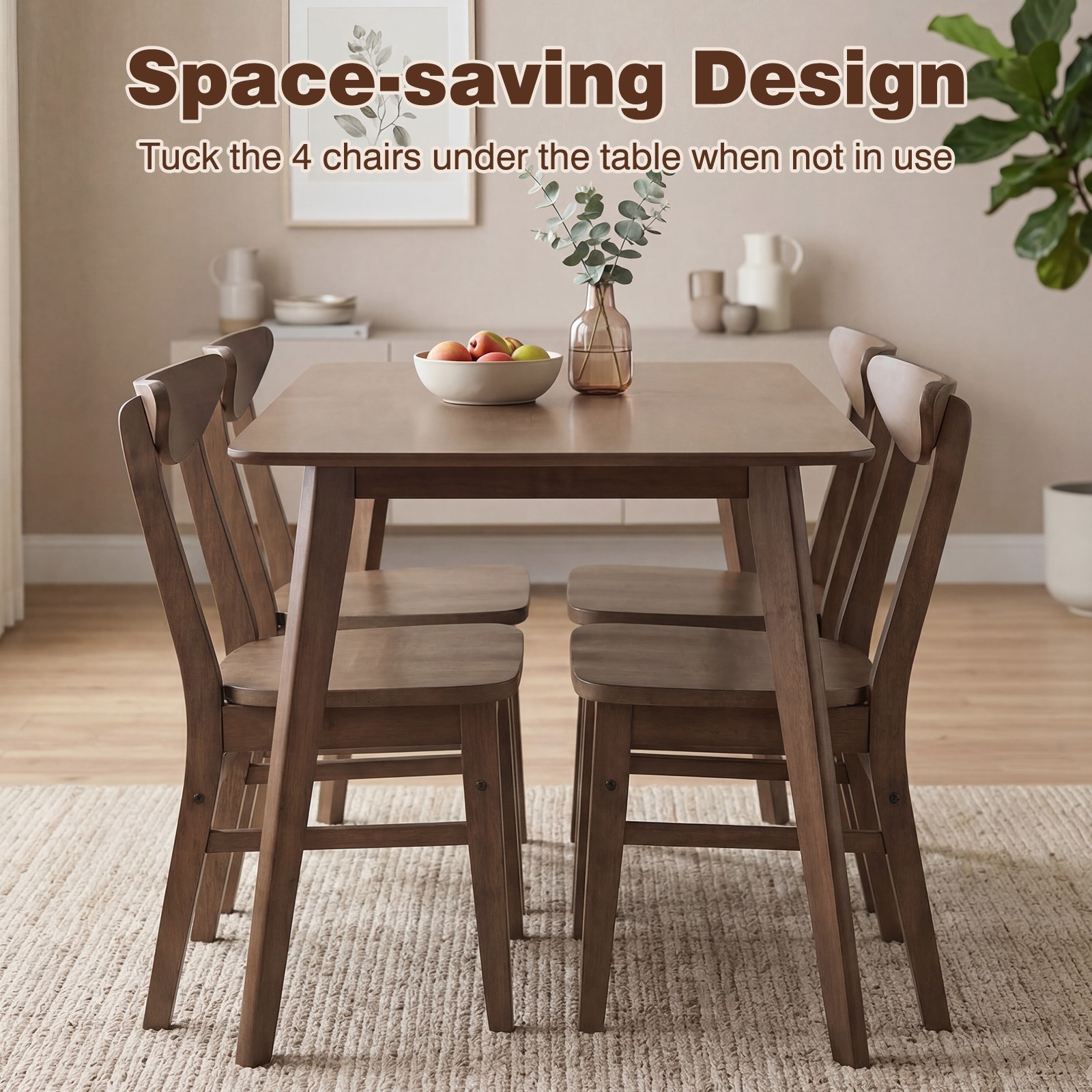 5PCS Solid Wood Dining Table Set, Mid Century Kitchen Table and Chairs Set for 4