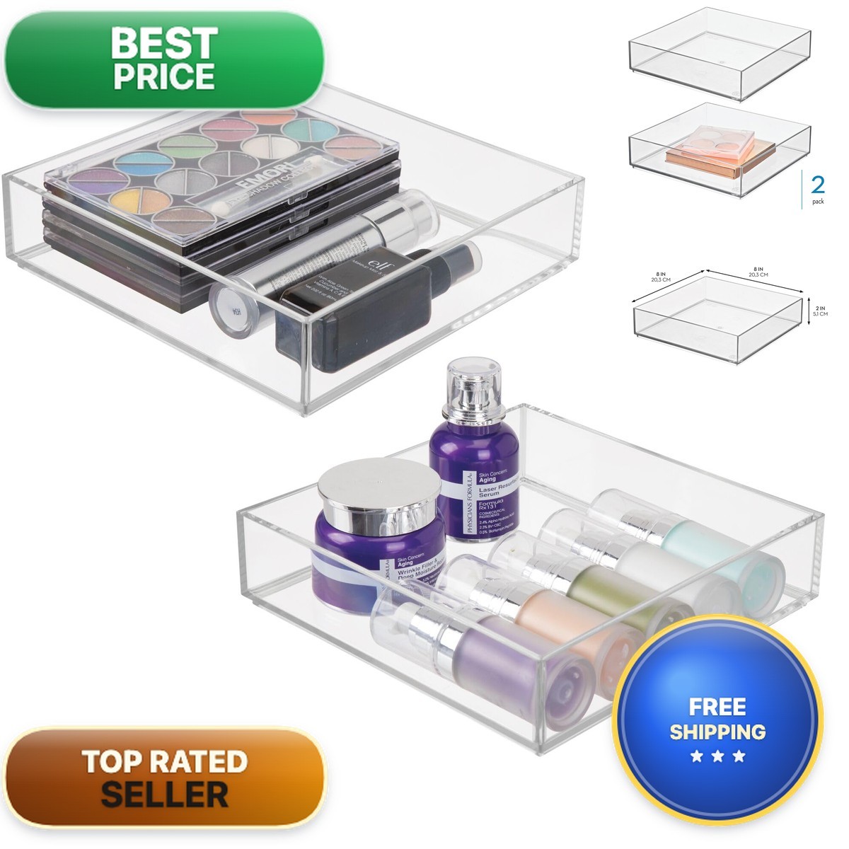 iDesign Plastic Makeup Drawer Organizer Tray, Set of 2, Clear