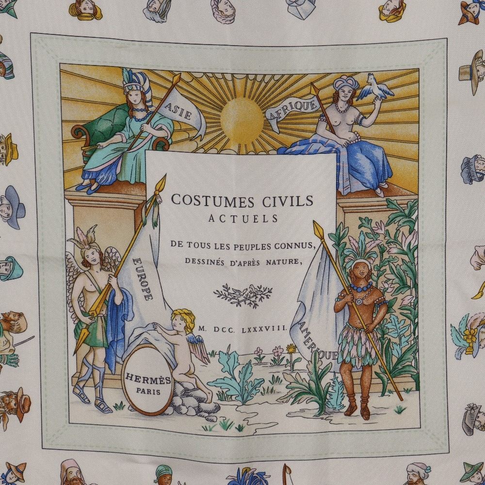 HERMES Carre 90 Silk Green White COSTUMES CIVILS ACTUELS Scarf Excellent