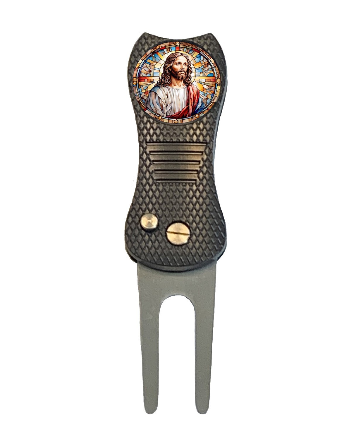 Jesus Christ Stained Glass Christian Golf Ball Marker + Switchblade Divot Tool