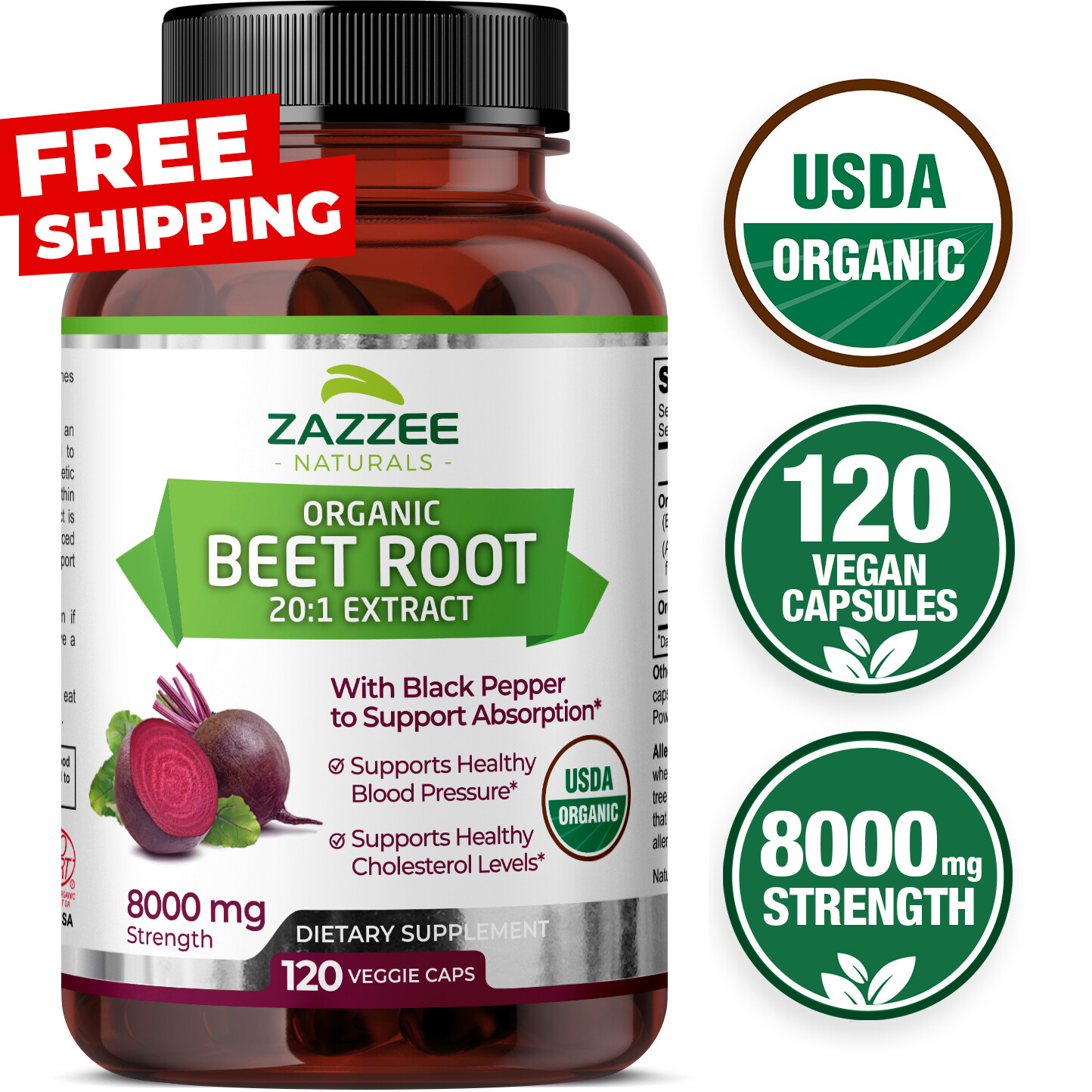 USDA Organic Beet Root 8000 mg Strength 20:1 Extract, 120 Vegan Capsules, Kosher