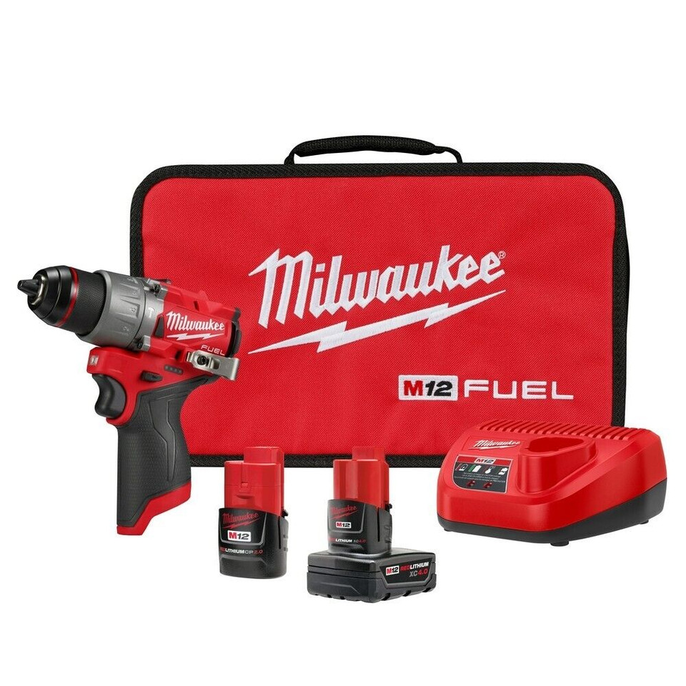 Milwaukee M12 FUEL 12V 1/2" HAMMER Drill/Driver W/4.Ah,1.5Ah Battery,Charger,Bag