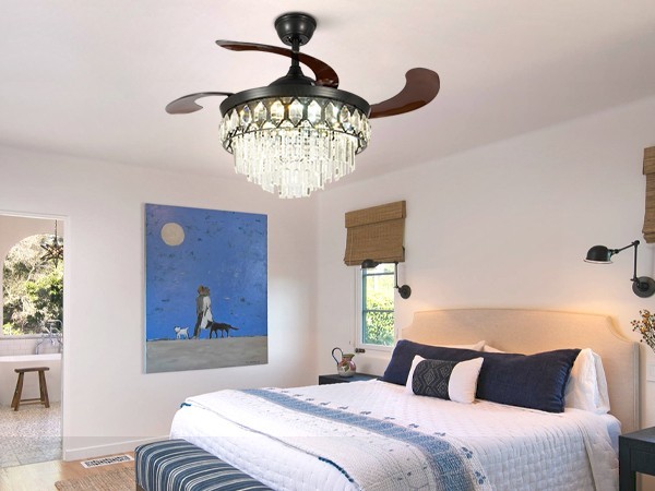 Luxury 42" Retractable Crystal Ceiling Fan Light w/ Remote, 6-Speed