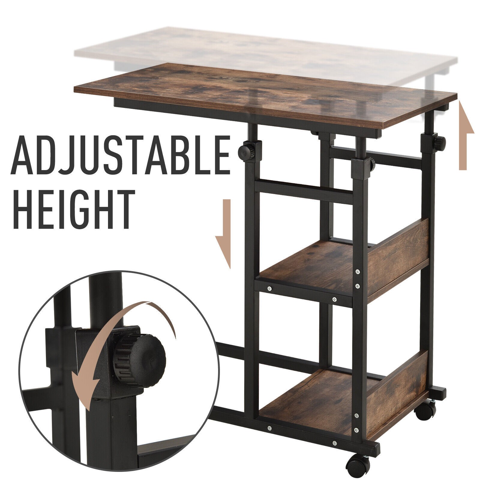 C-Shaped Mobile Sofa Bed Side Table 3-Tier Storage Shelving Cart Adjust Height