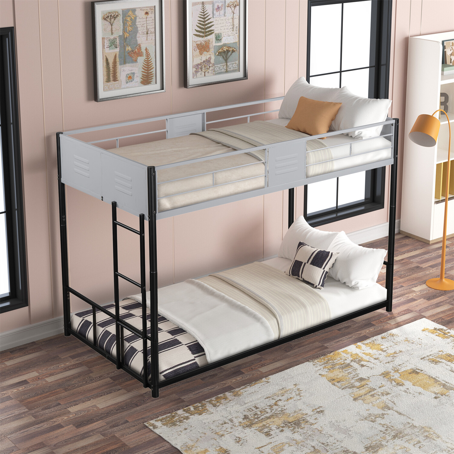Twin Over Twin Metal Bunk Bed Convertible Twin Size Bed Frame for Bedroom Black