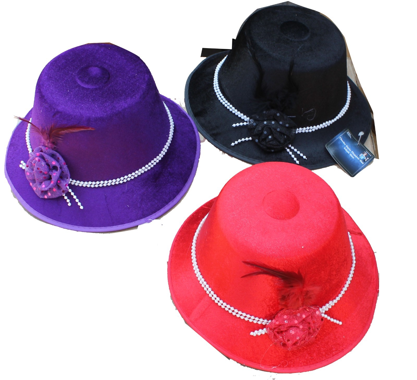 Velvet Flapper Hat Adult Costume w Sequin Rose and Faux Pearls