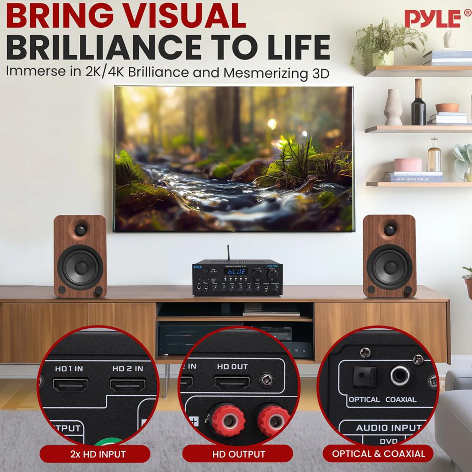 Pyle PDA99BU 2-Channel Home Audio Bluetooth Receiver, 2x 4" 200W Speakers, Wire
