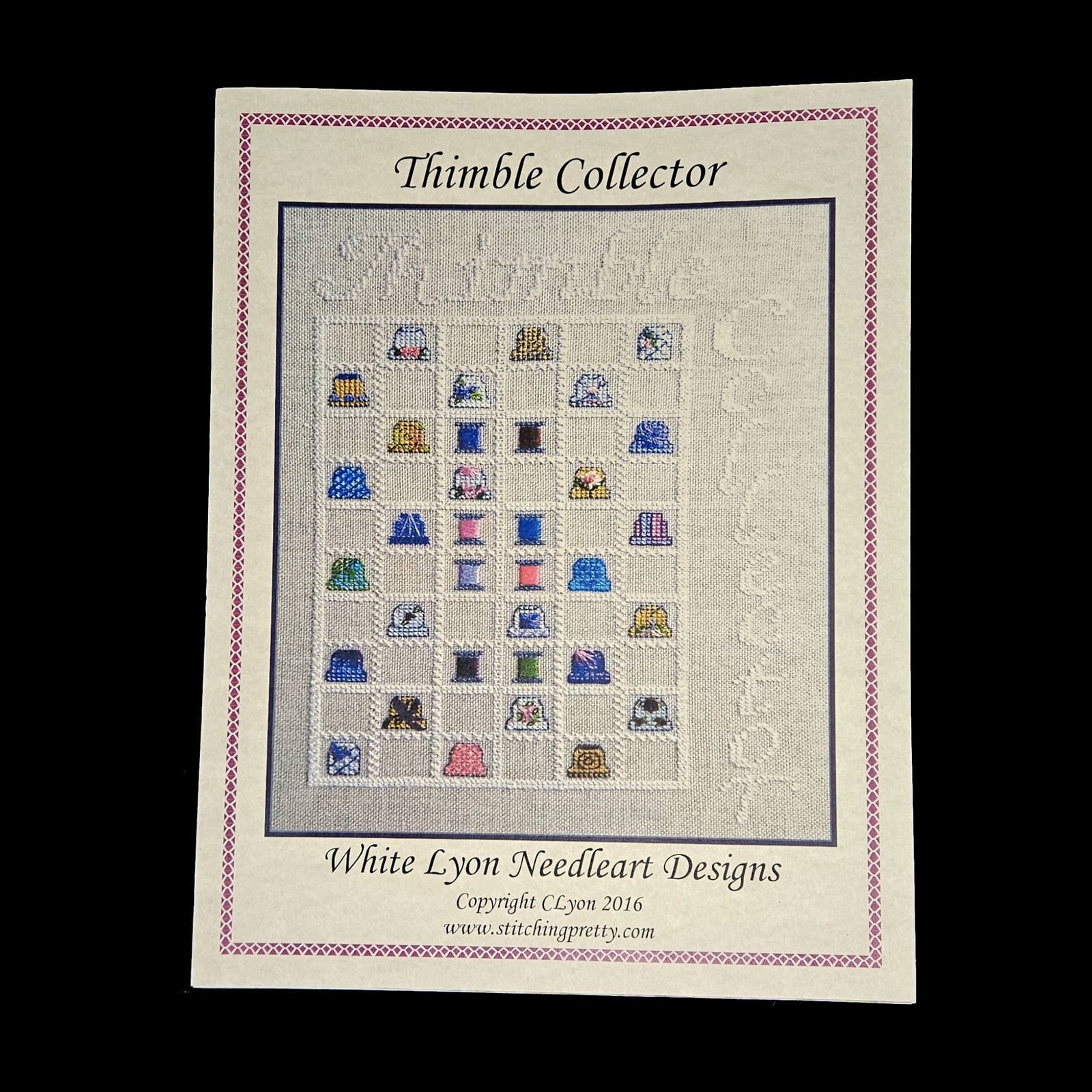 UNIQUE WHITE LYON NEEDLEART CROSS STITCH CHART:  THIMBLE COLLECTOR   BM
