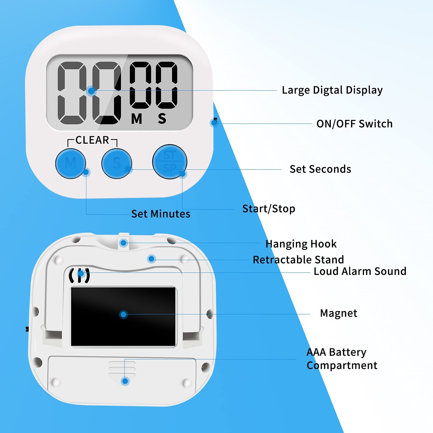 6 Pack Small Digital Kitchen Timer Magnetic Back and ON/Off Switch,Minute Second
